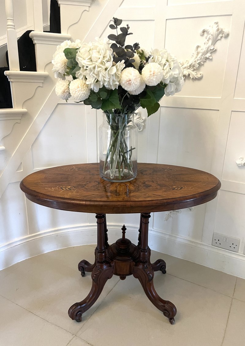 Antique Victorian Quality Inlaid Burr Walnut Oval Centre Table - Image 3